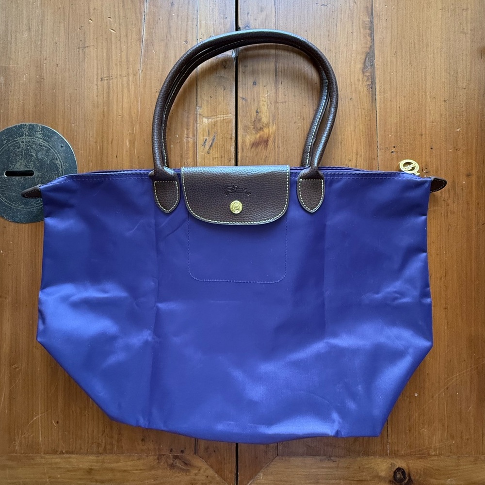 Longchamp Purple and Brown Tote Bag with Leather Accents